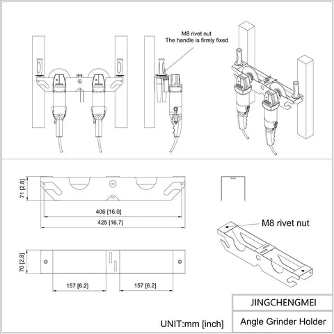 Diagram of Two Pack Angle Grinder Holders With Two Bays, Wall Mount Bracket and Cord Hanger, including measurements