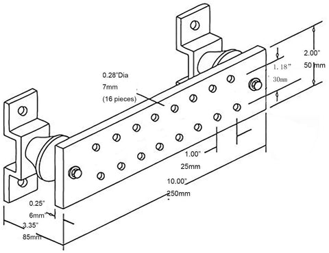 Technical drawing of a Wall Mounted Copper Ground Bar Kit With Sixteen Terminal Positions Quarter Inch By Two Inch By Ten Inch Ground Bus Bar Includes SM40 Insulators Stainless Steel Brackets And Hardware For Easy Mount A Solid Workhorse For Electrical Panels.