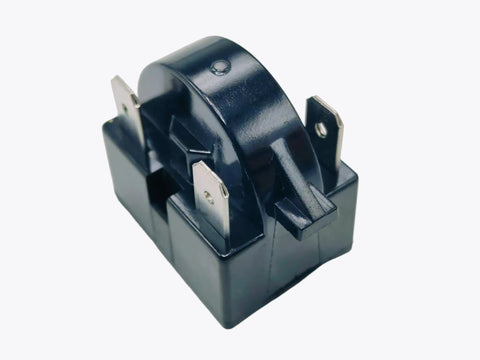 Close-up of One Fifth Horsepower Compressor Thermal Overload Protector and 15 Ohm Start Relay Replacement Part for Portable Freezers Car Fridges