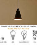 Single black pendant light with cone shade and bulb types, part of Three Pack Black Pendant Lights For Kitchen Island And Bar Counter
