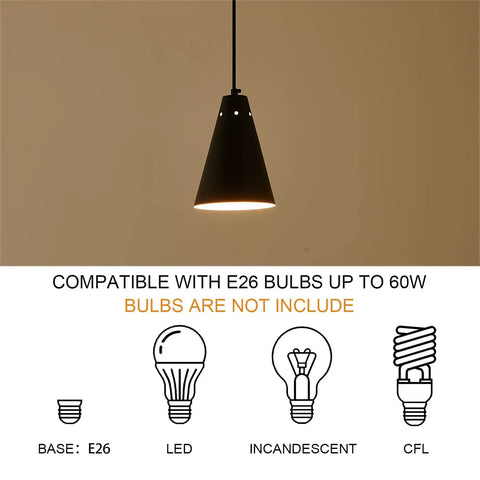 Single black pendant light with cone shade and bulb types, part of Three Pack Black Pendant Lights For Kitchen Island And Bar Counter