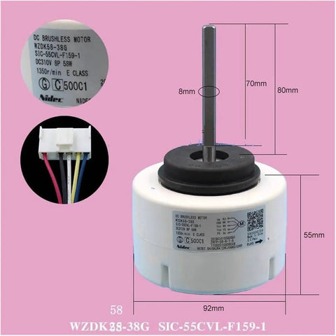 Brushless DC Fan Motor For Air Conditioners 310V 8P 58W Replacement Part with wiring connectors and dimensions shown
