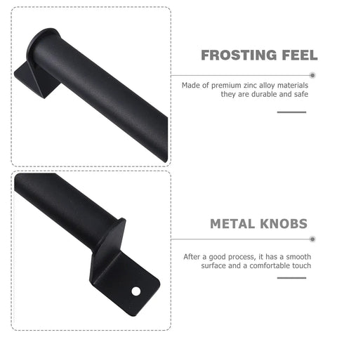 Close-up of a black cast iron cabinet pull in matte finish with mounting plate, highlighting frosting feel and metal knobs.