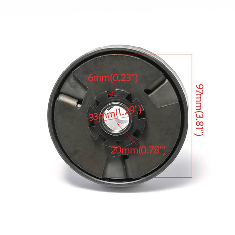 Heavy Duty 10T Centrifugal Clutch Paired With 420 Chain For 212cc Predator Engines, showing detailed measurements on its surface.