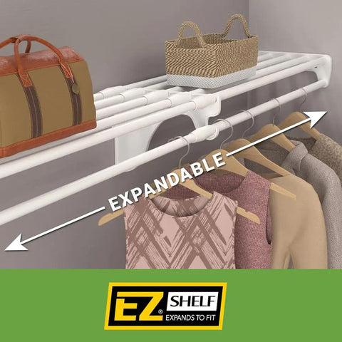 Expandable Closet Shelf With Hanging Rod 19.5 To 29 Inches White Backwall Floating Shelf Kit Holds 200 Lbs Easy Install With 2 End Brackets The Real Upgrade From Wire Shelving displaying clothes and bags.