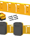 Battery Rack For 20V Battery Holder With 4 Slot Bulk Mount Wall Display Hook Organizer For 20V Tools Battery Not Included Yellow Finish Easy Slide In Slots Ideal Garage Storage shown with screws
