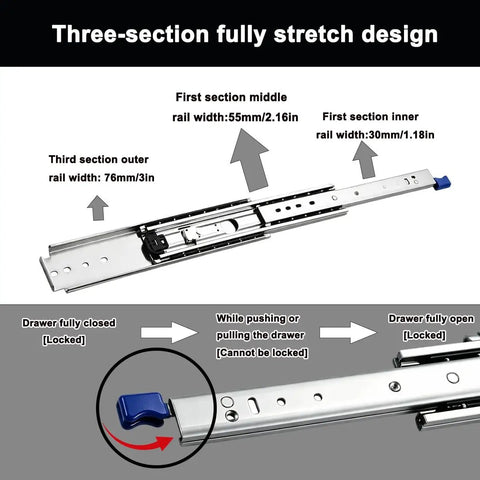 Heavy Duty 500 Lb Side Mount Drawer Slides For Industrial Cabinets With Locking Mechanism, 76mm Wide, Pair Included, Non Detachable Design, 0.77 Inch Clearance On Each Side For Smooth, Solid Drawer Operation., three-section steel drawer slide with locking latch, 76mm wide