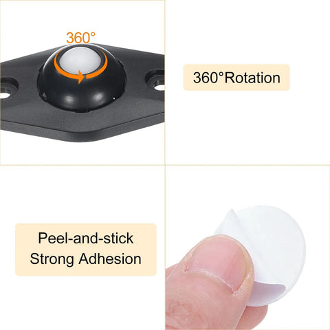 24 Pack Self Adhesive Caster Wheels Mini Swivel Rollers with 360 Degree Rotation and sticky mounting shown in detail