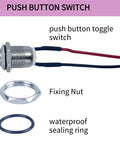 Image showing parts of a 12mm Momentary Push Button Switch With High Head Waterproof Metal On Off Switch And Prewired Harness For Car.
