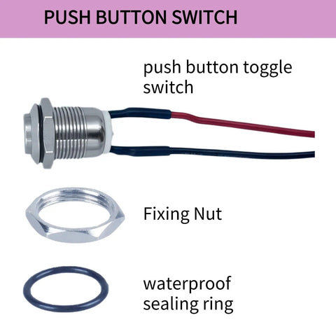 Image showing parts of a 12mm Momentary Push Button Switch With High Head Waterproof Metal On Off Switch And Prewired Harness For Car.