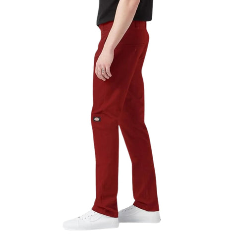 Men's Skinny Straight Double Knee Work Pants With Heavy Duty Reinforcement, Wrinkle Resistant Fabric, And A Stain Release Finish That Looks Sharp On The Job Site All Day In English Red, viewed from the side.
