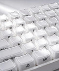Wireless Mechanical Keyboard With Number Pad And Dynamic RGB Lighting Featuring Playful Jelly Cat Keycaps, close-up of white keycaps.