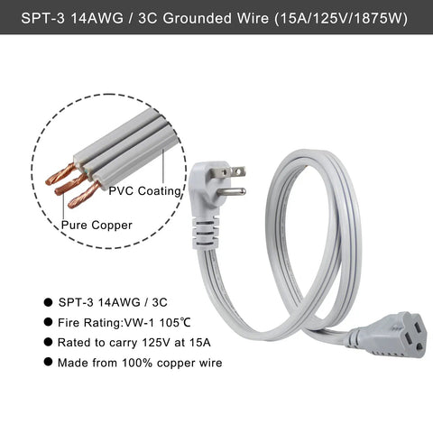 Beefed Up Heavy Duty 3 Foot Appliance Extension Cord 14 AWG 3 Prong Flat Wire SPT 3 Grounded Cable For Major AC Unit