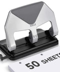 Heavy Duty Lever Action Paper Punch, 50 Sheet Capacity For Three Ring Binders, lever handle with black base and paper.