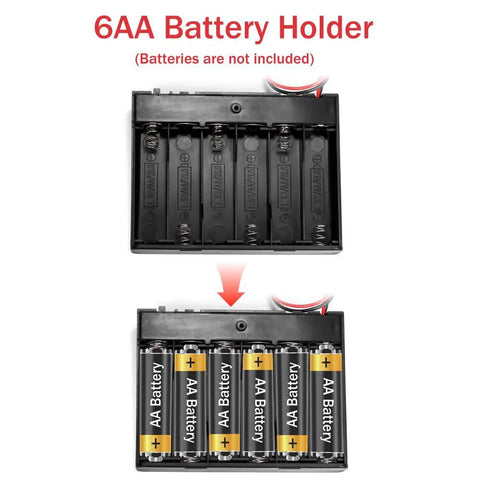 2PK 6AA Battery Holder Bringing You A Knockout 9V Charge With Effortless Toggle Switch And Secure Snap Lid Paired With Solder Seal Leads For Dope Electronics Builds. Dual pack battery holder without batteries, showing removed and installed AA configuration.