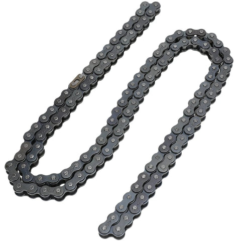 Top view of two gray 420 roller motorcycle chains laid side by side