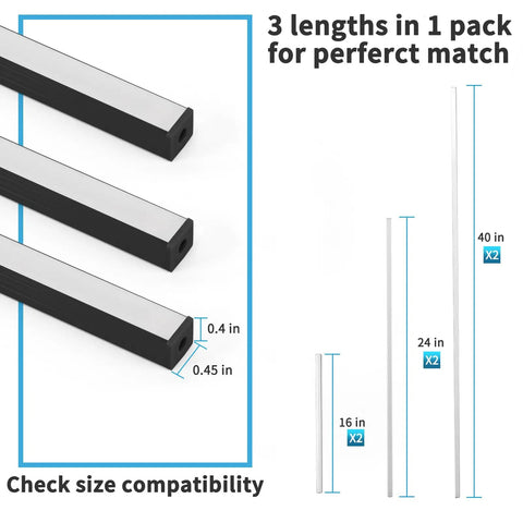 Diagram of 6 Piece Self Adhesive LED Recessed Lighting Kit with 3000K touch switch showing three lengths (16, 24, 40 inch).