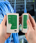 All In One Pass Through RJ45 Crimp Tool Kit With Network Cable Tester For Cat5, Cat5e, Cat6, Cat6A, Cat7 Ethernet Cables Includes 50 Pack Pass Through RJ45 Connectors And 50 Pack Boots Ideal For Pro DIY Cabling, showing cable tester in use