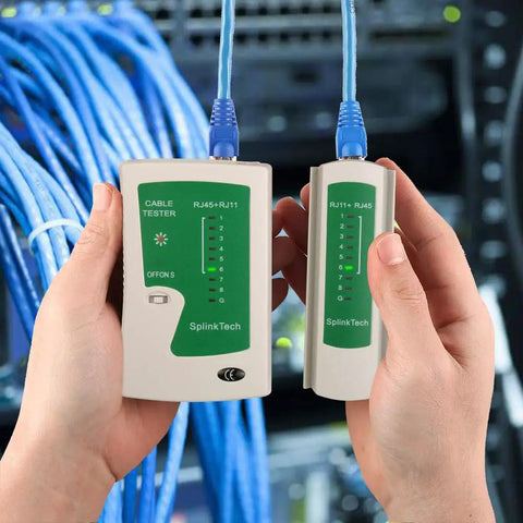 All In One Pass Through RJ45 Crimp Tool Kit With Network Cable Tester For Cat5, Cat5e, Cat6, Cat6A, Cat7 Ethernet Cables Includes 50 Pack Pass Through RJ45 Connectors And 50 Pack Boots Ideal For Pro DIY Cabling, showing cable tester in use