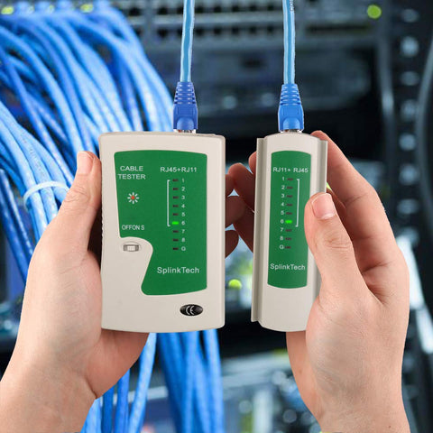 All In One Pass Through RJ45 Crimp Tool Kit for Ethernet Cabling Cat5 Cat5e Cat6 With 50 RJ45 Connectors in use, showing cable tester in data room.
