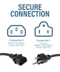 10 Foot Shielded Replacement AC Power Cord NEMA 5 15P To IEC 320C13 Cable for electronics and computers, connector details