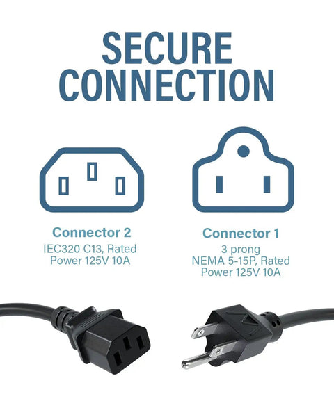 10 Foot Shielded Replacement AC Power Cord NEMA 5 15P To IEC 320C13 Cable for electronics and computers, connector details