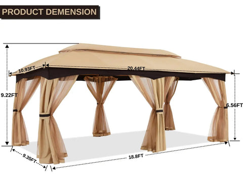 10x20 Outdoor Gazebo With Mosquito Netting, All Weather Steel Frame Canopy For Shade And Rain, Big 200 Sq Ft Shelter, Beige