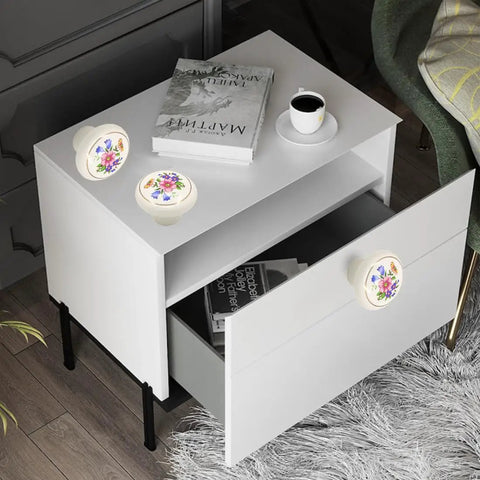 Ceramic Hand Painted Drawer Knobs Four Pack Vintage Floral Cabinet Pulls for Dresser with Glossy White Flower Design