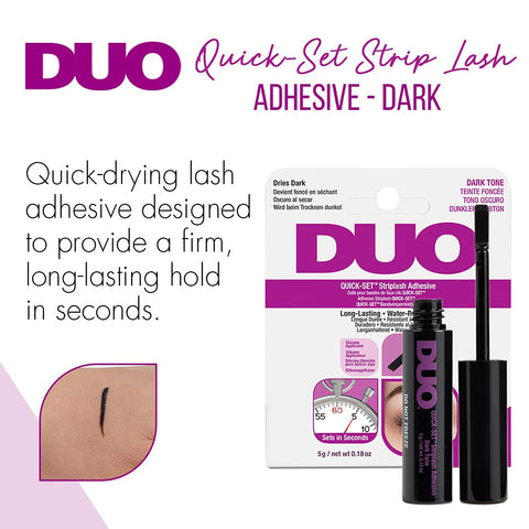 Dark Tone Quick Set Lash Adhesive For Strip And Individual Lashes, with bottle, brush applicator, and packaging, 0.18 oz