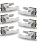 Six Hall And Closet Lever Door Lock Handles in satin nickel finish, heavy duty passage door locks, reversible, adjustable backset.
