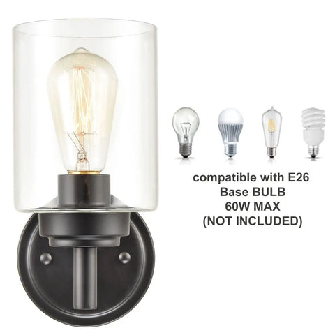 Cool Industrial Black Wall Sconces Two Pack With Cylindrical Clear Glass Shades for E26 Bulb Compatibility and Lighting Type Options