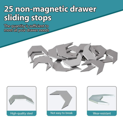 Heavy Duty Metal Drawer Stops Prevent Sliding Out 25 Piece Set Anti Fall Guards For Wooden Dressers Cabinets And Desks quick home fix shown in silver steel design.