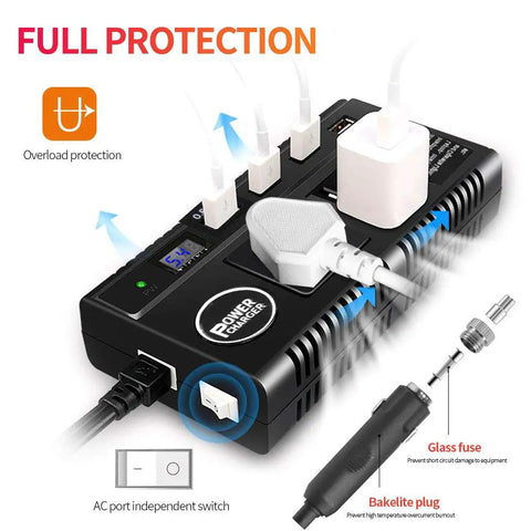 Game Changer 120W Car Power Inverter Loads Up Your Ride With Four Quick Charge Usb Slots And Three Standard Outlets featuring overload protection.
