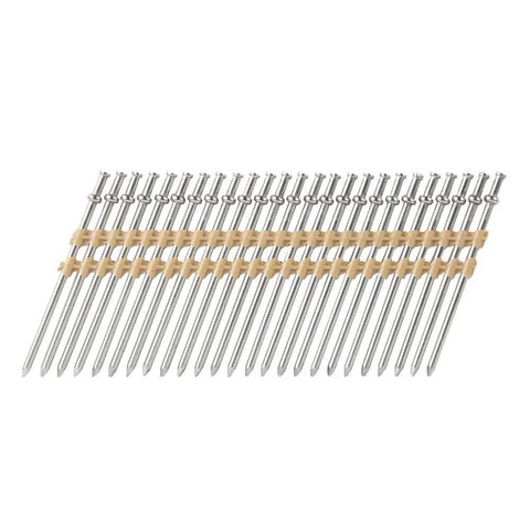 Two And Three Quarters Inch Collated Duplex Nails With Plastic Strip For Concrete Forms And Quick Scaffolding Twenty One Degree Full Round Duplex Head Smooth Shank Two Thousand Per Box Compatible With NR3675DD displayed in a row