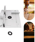 Top Shelf Aluminum Alloy Router Table Insert Plate Slick Surface Precision Fit Milling Base with measuring tools and woodwork background.