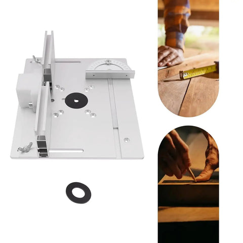 Top Shelf Aluminum Alloy Router Table Insert Plate Slick Surface Precision Fit Milling Base with measuring tools and woodwork background.
