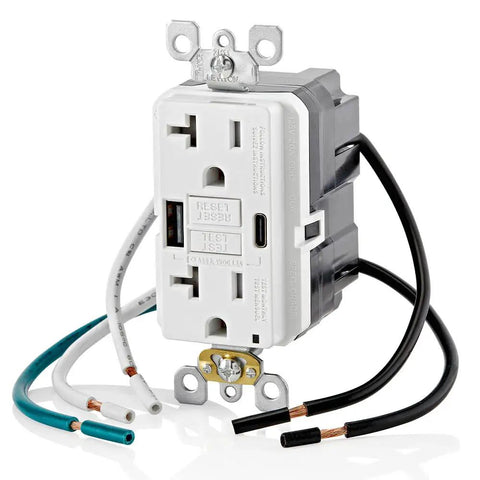 Self Test GFCI In Wall USB Charger With Type A And Type C USB Ports Delivers 4.8A Total Charging Power Continuous Ground Fault Protection Smart Chip Technology Delivers Over 2x Charging Power For Smartphones And Tablets GUAC2 W, flush design
