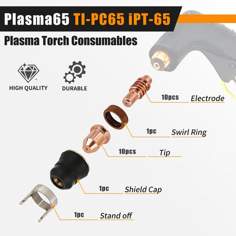IPT65 Plasma Cutter Consumables Kit With Pro Grade Electrodes Nozzles Swirl Ring Shield Cap And Standoff Guide 23 Piece Pack