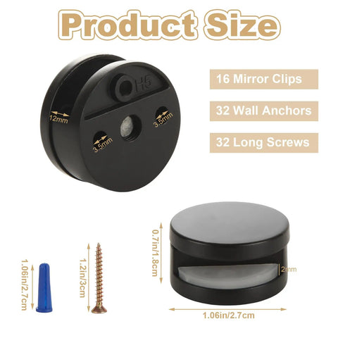 Heavy Duty Frameless Mirror Mounting Clips Set With Dual Screws For 1/8 To 3/16 Inch Glass Round Zinc Alloy Wall Brackets For Bathroom Bedroom And Home Gym Mirrors Matte Black Easy Install