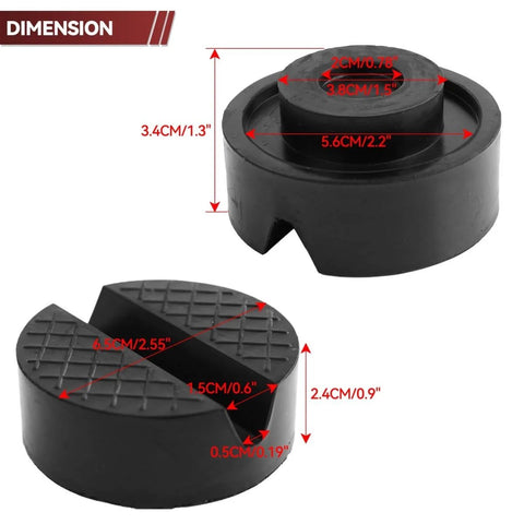 Two Pack Rubber Jack Pad For Trolley Floor Jack Disk Pad Adapter Pinch Weld Jack Anti Slip Rail Frame Support Block shown with dimensions