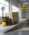 Heavy Duty Amarite Electric Pallet Jack With 4400 Lbs Capacity For Moving Heavy Goods Fast, Lithium Powered Forklift Truck With 48v Battery on warehouse ramp.