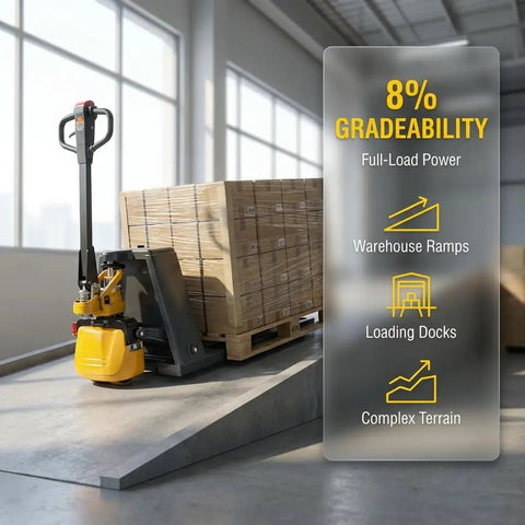 Heavy Duty Amarite Electric Pallet Jack With 4400 Lbs Capacity For Moving Heavy Goods Fast, Lithium Powered Forklift Truck With 48v Battery on warehouse ramp.