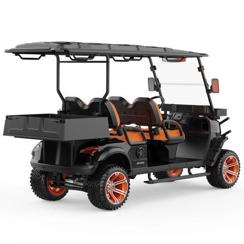 Four Seater Electric Golf Cart With Forty Eight Volt Battery And Full Weatherproof Body Rolls Tight To Sixteen Mph Plus Five Hour Fast Charging with spacious rear storage.