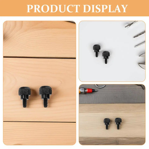 100 Pack Black Carbon Steel Thumb Screws For PC Cases With Anti Loosening Design, displayed on wood and contrasting surfaces.