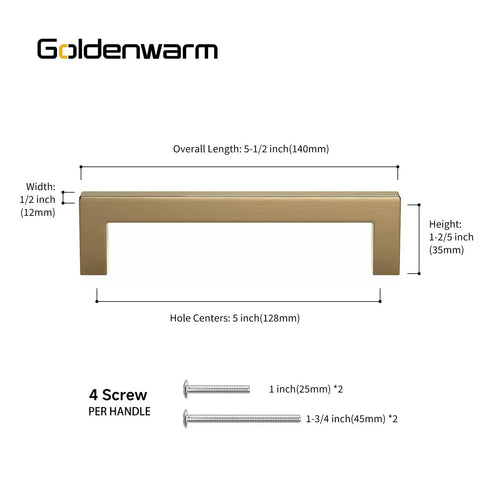 Champagne Bronze Cabinet Handles 25 Pack 5 Inch Square Drawer Pulls Stainless Steel Tarnish Resistant dimensions