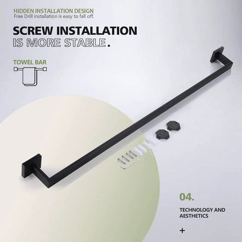 36 Inch Single Towel Bar Wall Mounted Matte Black Finish Made From SUS 304 Stainless Steel Durable Bathroom And Kitchen Towel Rack With Quick Install Brackets And Rustproof Corrosion Resistant Design displayed with installation parts on white background