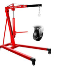 Heavy Duty 2 Ton Folding Hydraulic Engine Hoist Handling Up To 4000 Pounds Without Breaking A Sweat For Home Garages And Pro Auto Shops with red frame and smooth casters.