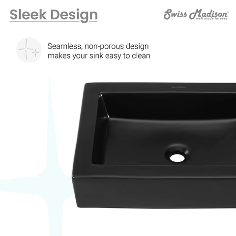 22-Inch Ceramic Rectangle Vessel Sink Matte Black Sick Matte Finish For Above-Counter Install, non-porous close-up.