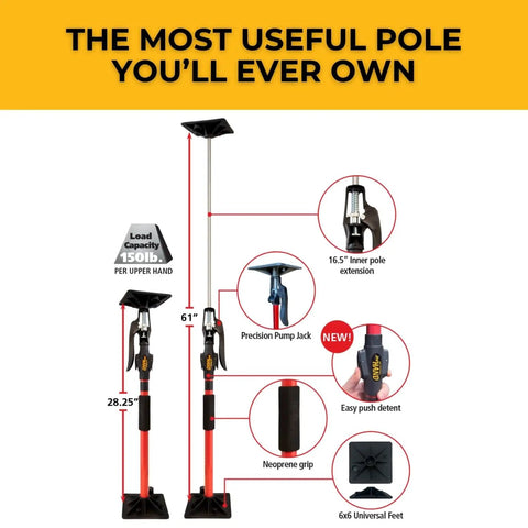 Upper Hand 3H 3rd Hand Support Pole Extends From 28 In To 60 In With Neoprene Grip Easy Pump Handle Positive Lock Detents And Solid 6 By 6 Universal Foot For Versatile Woodworking And Assembly, highlighting features like precision pump jack and easy push detent.