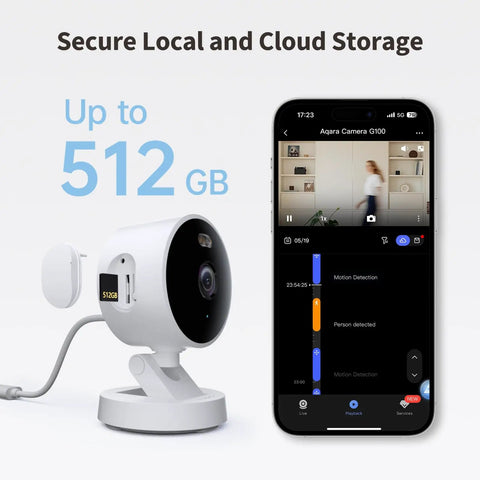 2K Indoor Outdoor Security Camera With Spotlight Color Night Vision And AI Detection next to smartphone showing app interface.